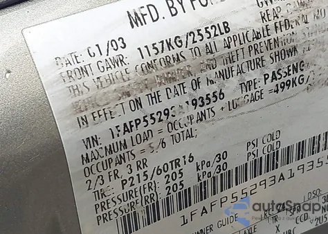 2003 Ford Taurus Ses из США, поврежденный, VIN 1FAFP55293A193556